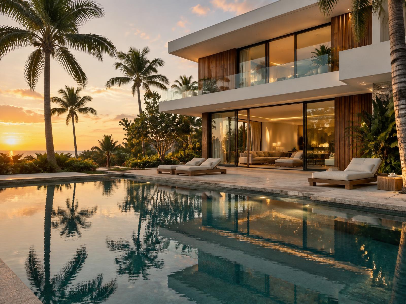 A modern home at golden hour with a calm pool reflection